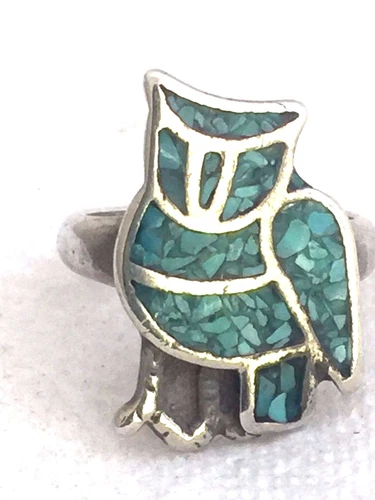 Vintage Sterling Silver Southwest Tribal Owl Ring Turquoise Chips Size 5.5 5.3g