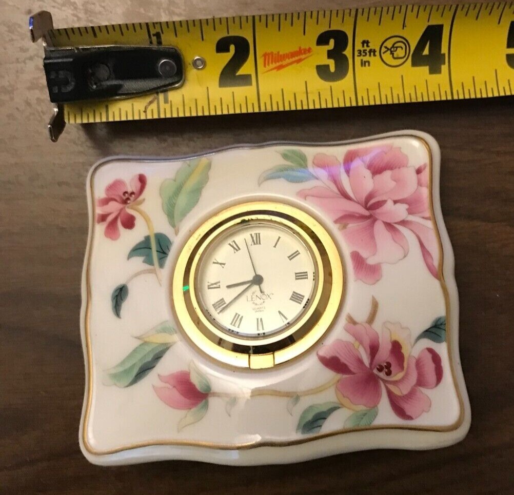 Lenox Barrington Mini Clock Square porcelain Floral Pattern. Gold tone.