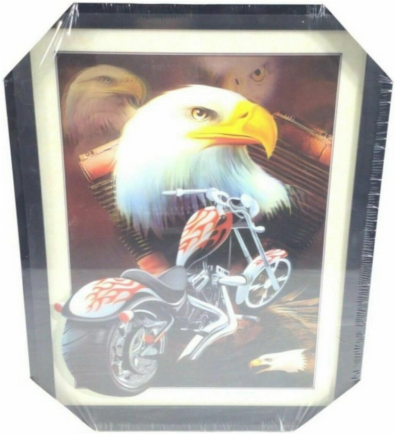 Motorcycle and Bald Eagle 3D Lenticular Picture in Plastic Frame