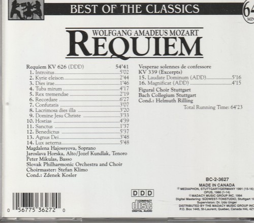 Mozart: Requiem (CD, Apr-1995, Madacy) Slovak Philharmonic Orchestra & Choir - Picture 2 of 2