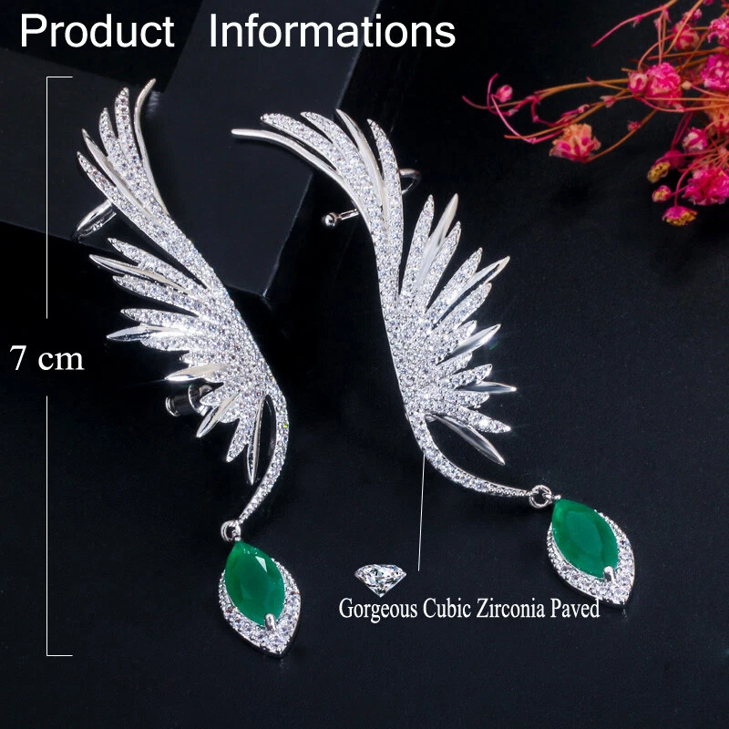 Feather Wing CZ Drop Ear Cuff Cartilage Drop Earring Green Stone for Women Party — 第 4/4 张图片