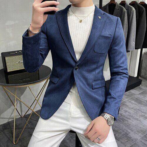 Traje de cuero para hombre con un botón ajustado chaqueta de negocios gamuza bolsillo abrigos de boda - Imagen 18 de 18