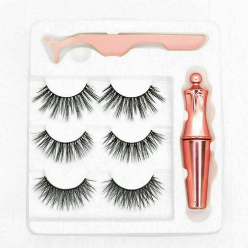 3 Pairs Magnetic False Eyelashes &Liquid Eye Liner Lashes Tweezer Black Reusable - Picture 2 of 4
