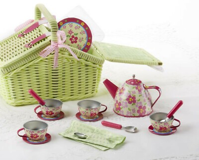 LAST ONE Delton Children's Tin Tea Set for 4-Sorrel Pattern Pink & Green #8001-5