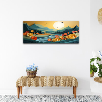Palette Fluss und Wald Grün Berge Blumen Abstrakt Wandbild Kunstdruck Gerahmt
