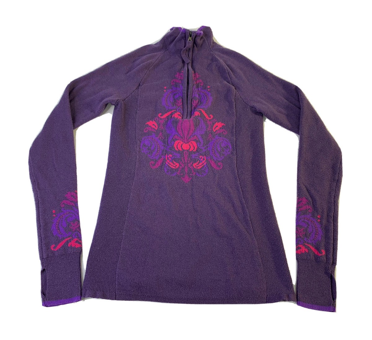 Athleta Stoked 1/2 Zip Pullover Knit Sweater Purple Floral Size