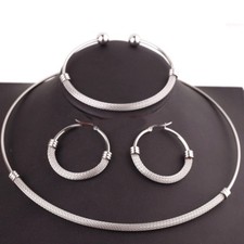Womens Silver Cable Wire Stainless Steel Necklace Choker Bracelet Jewelry Set