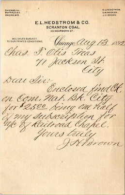 Hedstrom & Co Chicago IL 1892 Billhead Scranton Coal