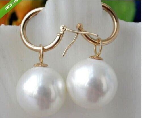 AAA+ 16mm South Sea Round White Shell Pearl Earrings 14k Yellow Gold Women - Picture 4 of 4