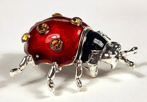 46mm Enamel Red Black LadyBug Brooch w/ Golden Rhinestone Badge Pin + Gift Box - Picture 5 of 7
