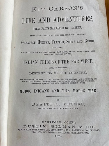 KIT CARSON'S LIFE & ADVENTURES BY DEWITT PETERS 1874 LEATHER MODOC INDIANS & WAR - Picture 6 of 13