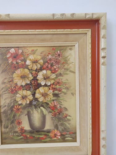 Vintage Mid Century Modern 1960s Floral Bouquet Carved Framed Painting ~ 13 x 15 - Imagen 3 de 4