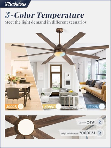 Ceiling Fans with Lights, 72 inch Large Ceiling Fan with Light and Remote, Ou... - Bild 4 von 8