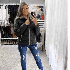 Women large Faux Fur Lapel Zip Pockets Quilted Parka Jacket Puffer Coat Black