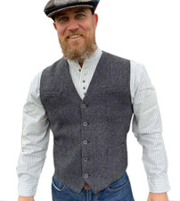 Men'S Herringbone Tweed Vest, 5-Button Closure, Wool Blend, Adjustable Back Stra
