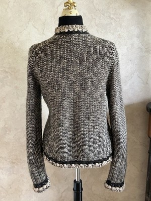 CHANEL Brown & Camel Tweed Leather Trim Cardigan Sweater ~ French