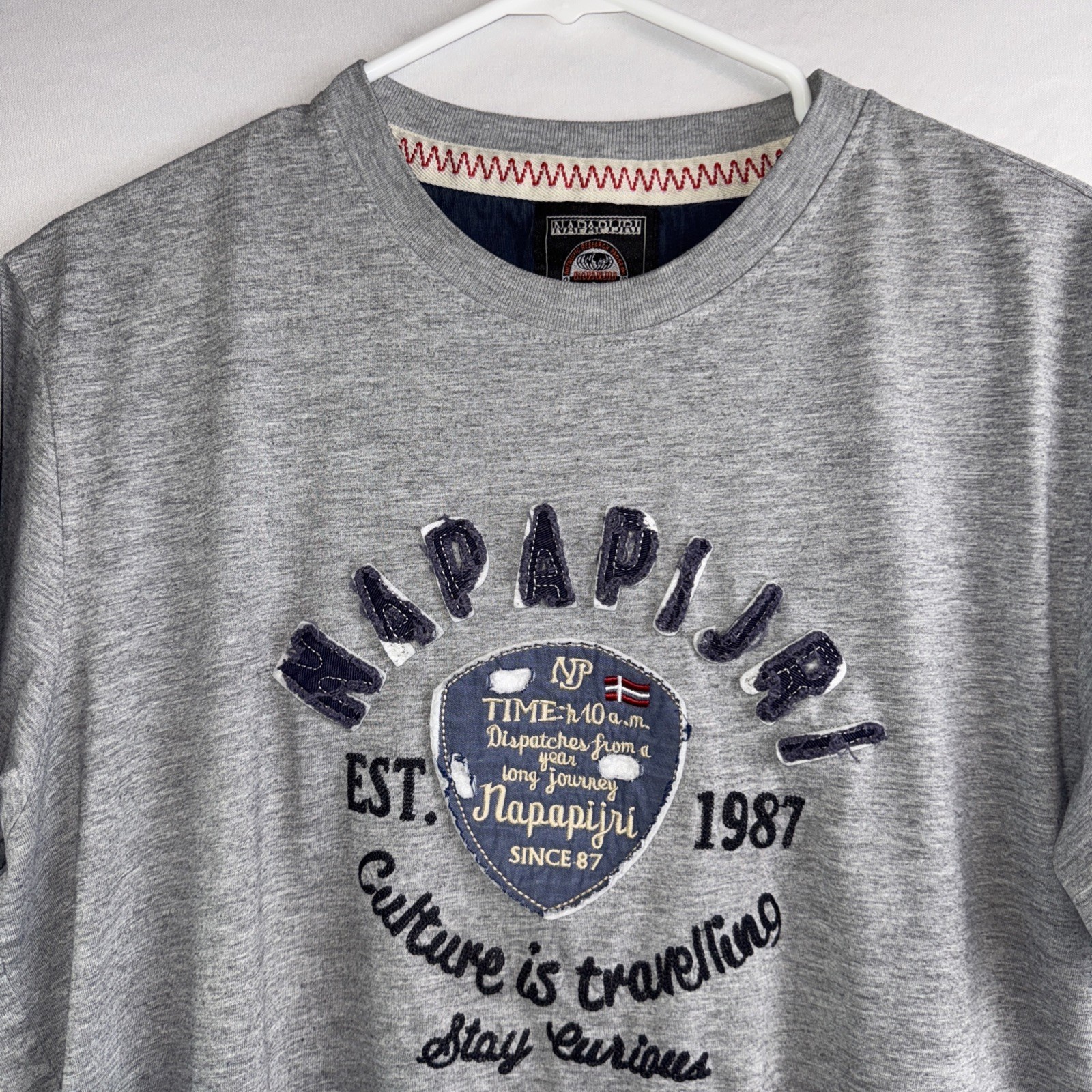 Napapijri T-Shirt Mens X-Large Gray XL Short Sleeves Cotton Casual Flag Patches