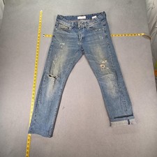 Selvedge Jeans Mens Blue Slim Straight Leg Thrashed Altered Hem Zip Fits 28x26