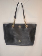 Coach Turnlock Chain Tote 27, Black Pebbled Leather, 57107, Preowned