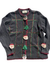 Vintage Lemon Grass Christmas Cardigan Sweater Petite Medium Santa Snowmen