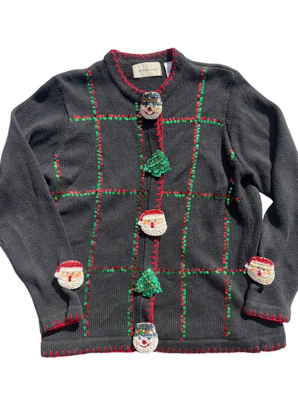 Vintage Lemon Grass Christmas Cardigan Sweater Petite Medium Santa Snowmen