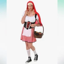 Burly Red Riding Hood Costume Men's Size Large Dress with Cape Wig Halloween