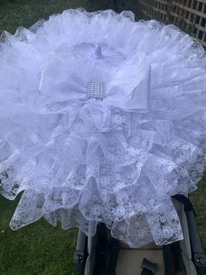 Ultra Frilly White Pesci Baby Parasol Pram Pushchair Universal Shade - Romany