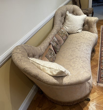 French Connection 2 Seater Damask Fabric Sofa Tufted Scroll Arms Beige