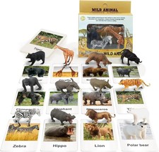 12 Safari Animals Figures Toys with 12 Flash Cards, Realistic Mini Jungle Animal