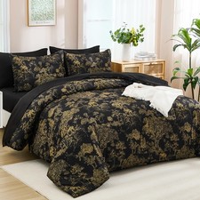 Black Comforter Set King, 7 Pieces Black and Gold Botanical Comforters King S...
