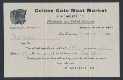 Golden Gate Meat Market Butcher Shop San Francisco 1915 Billhead Receipt