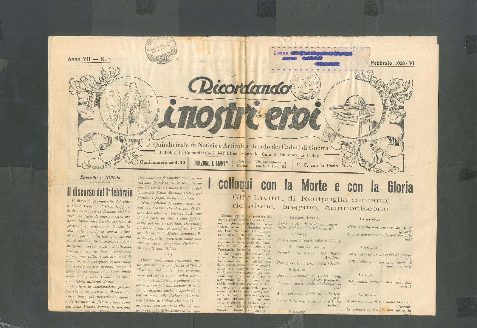 Giornale Ricordando I Nostri Eroi 1928 Prima Guerra Redipuglia g 219