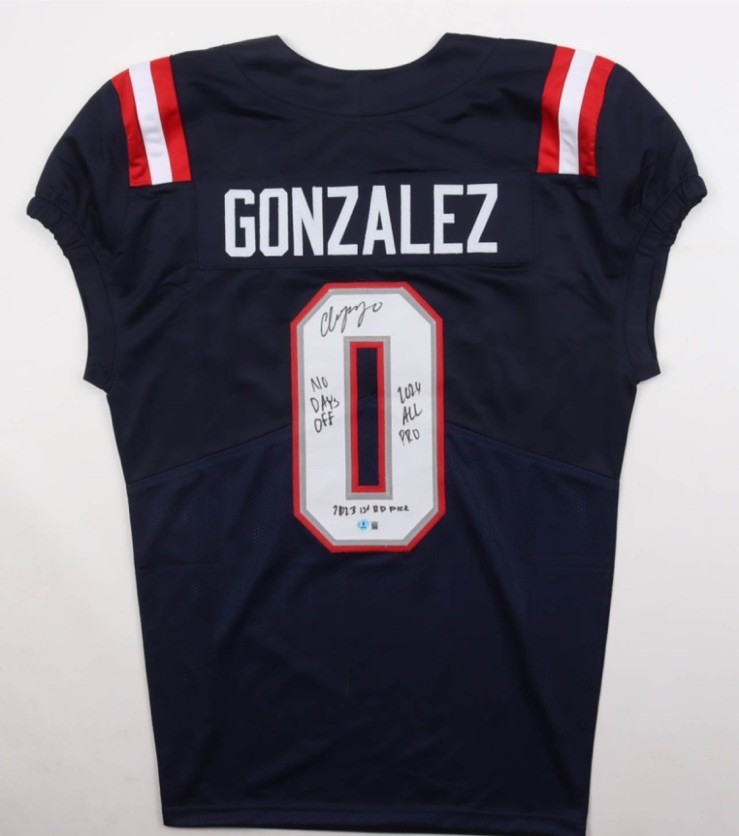 Christian Gonzalez Autographed Signed New England Patriots Jersey Multiple Inscriptions Beckett COA Patriots 