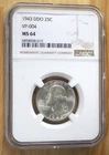 1943 DDO VP-004 25c Washington Silver Quarter NGC MS 64 - FREE SHIP! G459