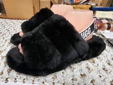 UGG Womens Fluff Yeah Sheepskin Platform Slide Slippers Black Size 8