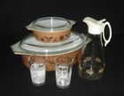 PYREX - 8 Gold, Brown, White EARLY AMERICAN Casserole, Glasses, Carafe Lid Set