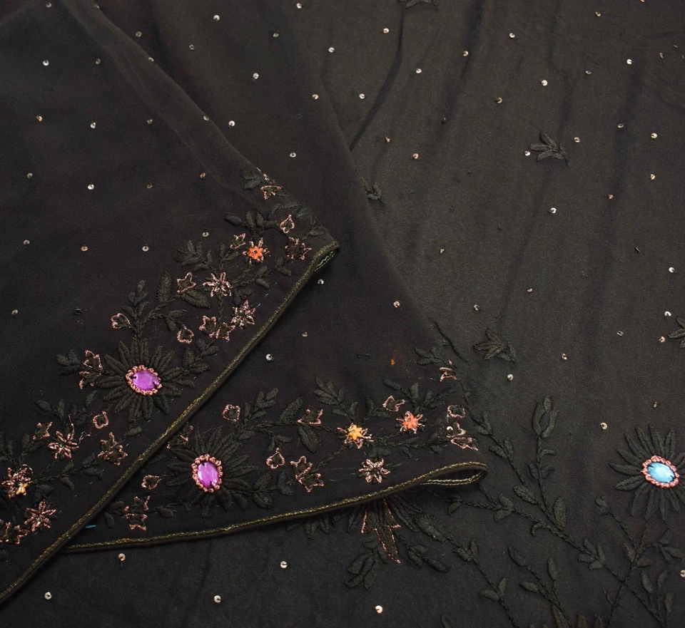 Sushila Vintage Black Classy Saree Pure Georgette Hand Embroidered Sari Fabric - Image 3 of 4
