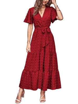 Women Boho Swiss Dot Maxi Dresses Wrap V Neck Flutter Short Sleeve Solid Tie ...