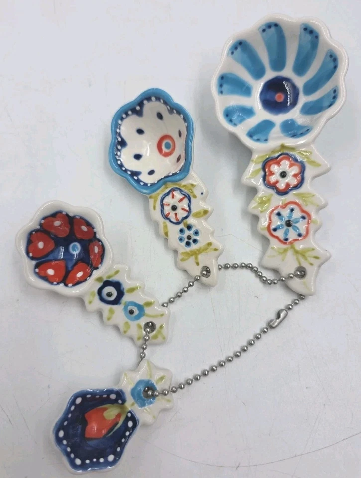 Anthropologie 4 Measure Up Nesting Measuring Spoons Ceramic Colorful Floral - Image 2 of 4