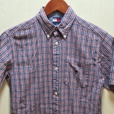 Tommy Hilfiger Shirt Mens Medium Blue Plaid Short Sleeve Button Down Cotton