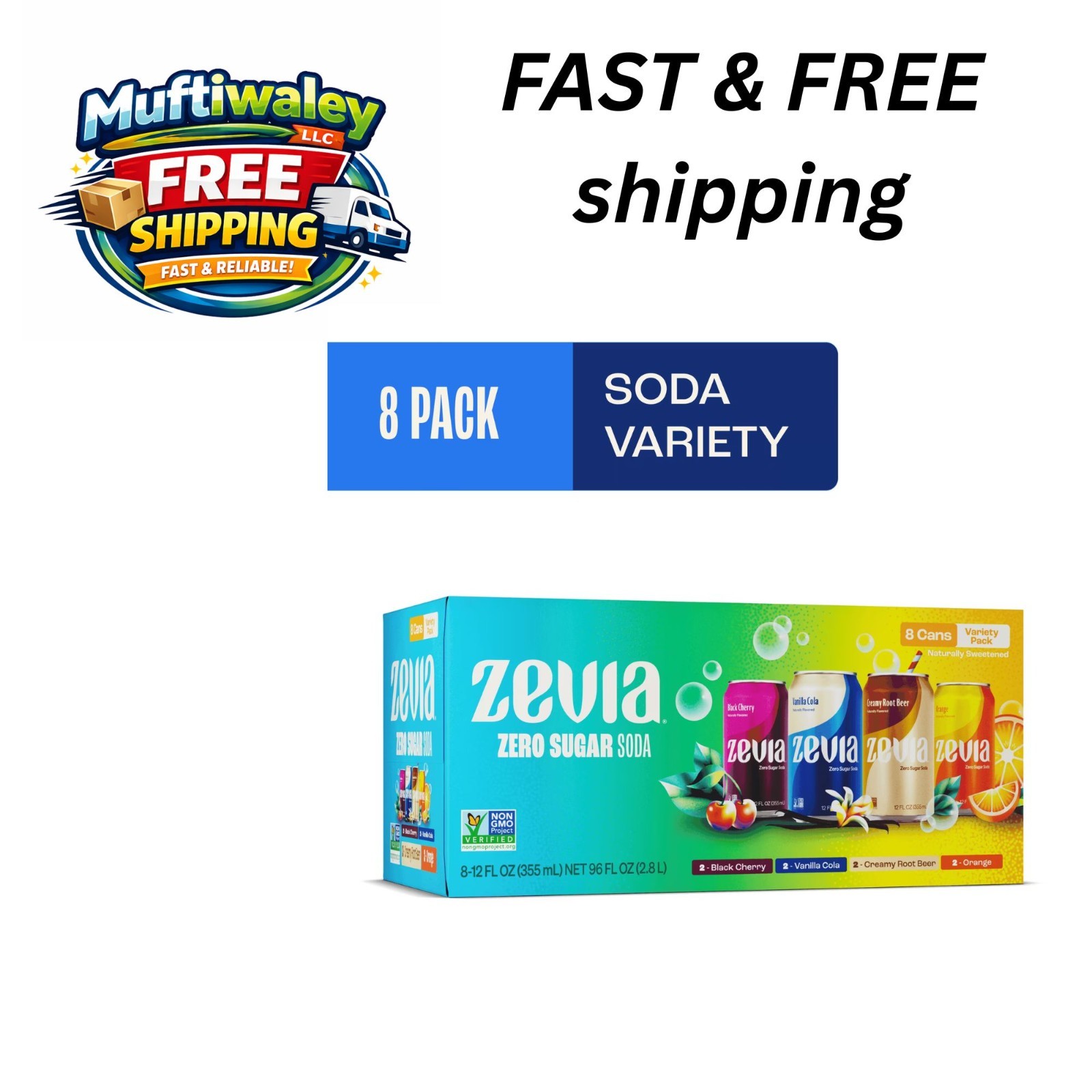 Zevia Zero Sugar Variety Soda, 0 Calories, 12 fl oz Cans (8-Pack)