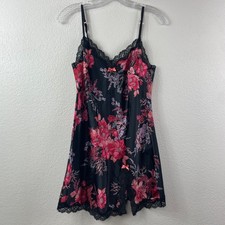Victoria's Secret Black Floral Satin Lace Trim Slip Dress Nightie Small