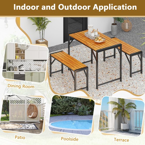 3 PCS Dining Set for 4 People Outdoor Picnic Table & 2 Benches w/ Metal Frame - Picture 6 of 10