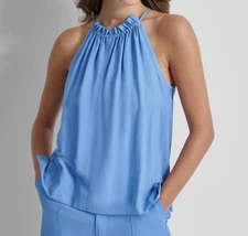 DKNY Women's Blue Crinkled Sleeveless Halter Top Size M