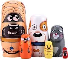 6 Pcs Wooden Russian Nesting Dolls - Cute Dog Matryoshka Set