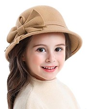 Kids Girls Winter Warm 100 Wool Bucket Hats Fedoras with Bowknot Camel