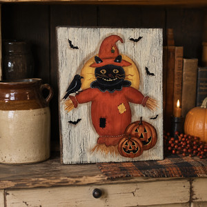 Halloween Cat Scarecrow Shelf Sitter Folk Art Sign Reclaimed Wood