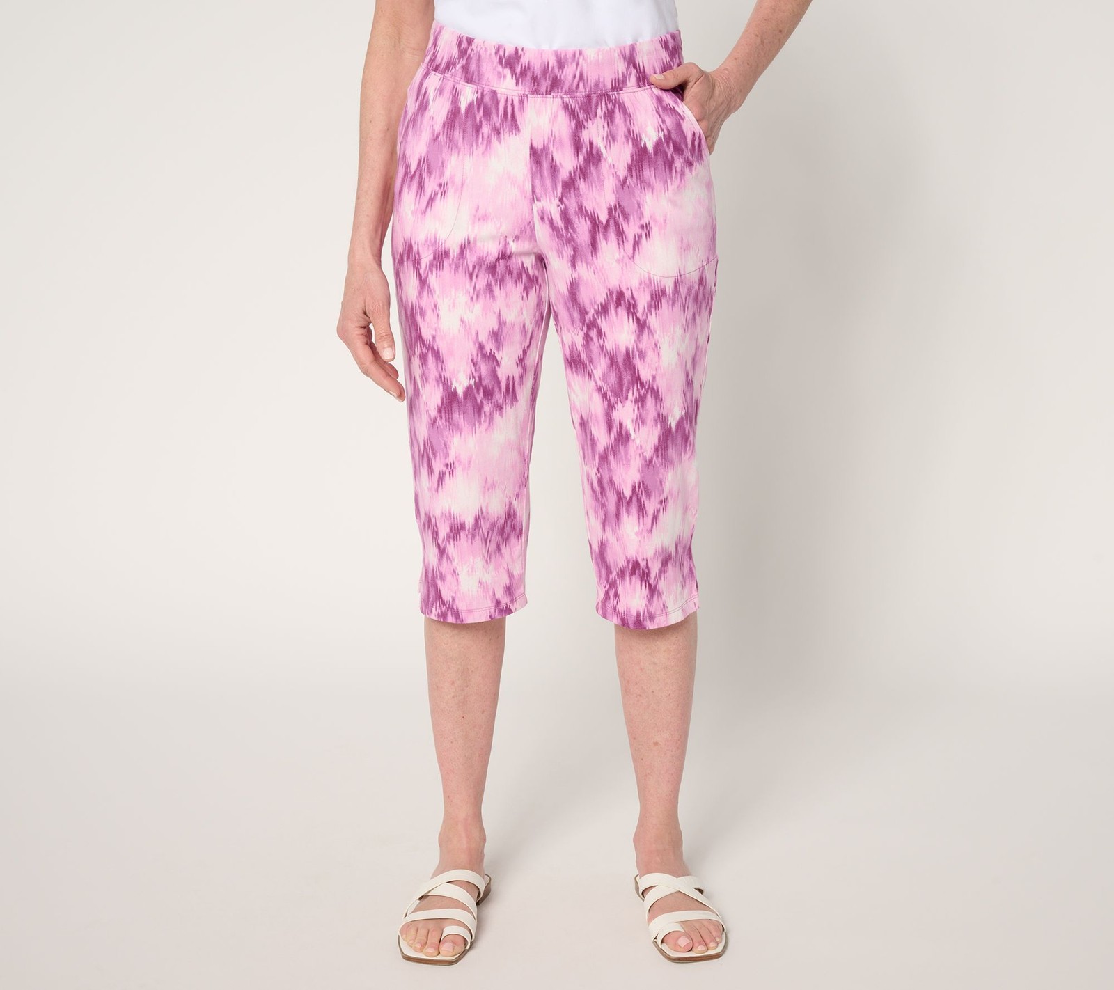 Denim & Co. Women's Petite Pants PL Beach Jersey Printed Multi-colored A692115