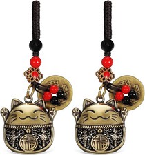 2 Pack Brass Maneki Neko Lucky Cat Keychains with Tassels