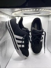 Adidas Neo Cloudfoam Black Leather Sneakers 8.5 Striped Low Top Lace Up AW4575